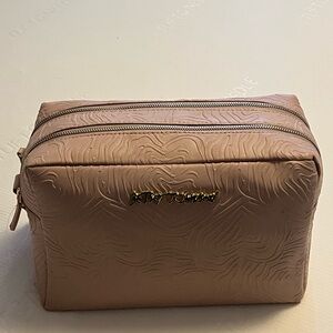 Betsey Johnson Dusty Rose Pink Embossed Hearts Double Zip Cosmetic Bag